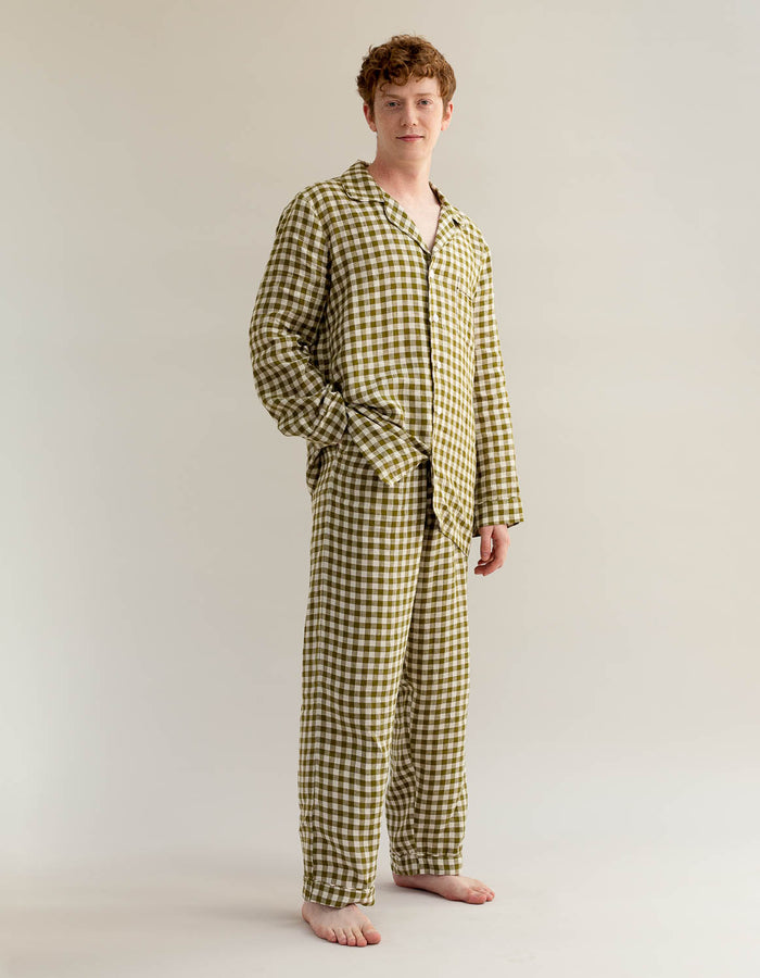 Men's Botanical Green Gingham Linen Pyjama Trouser Set - Piglet in Bed