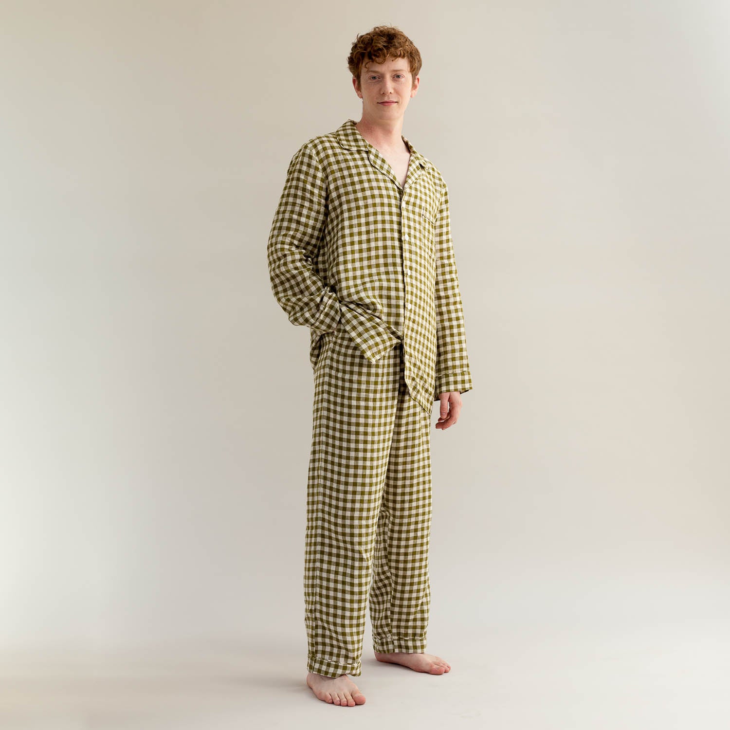 Men's Botanical Green Gingham Linen Pyjama Trouser Set - Piglet in Bed