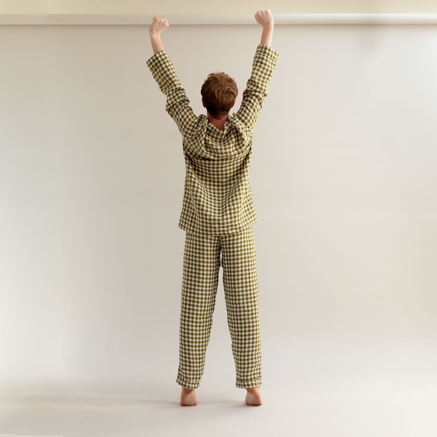 Men's Botanical Green Gingham Linen Pyjama Trouser Set - Piglet in Bed