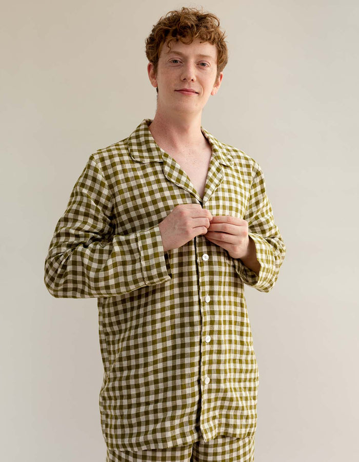 Men's Botanical Green Gingham Linen Pyjama Shirt - Piglet in Bed