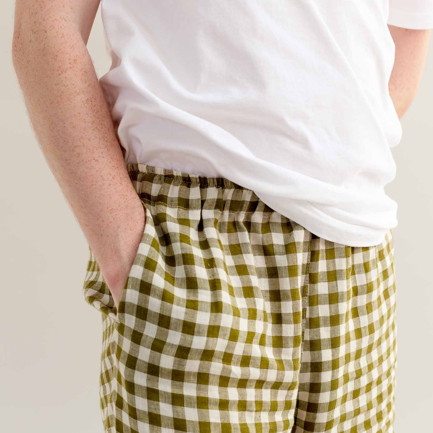 Men's Botanical Green Gingham Linen Pyjama Trousers - Piglet in Bed