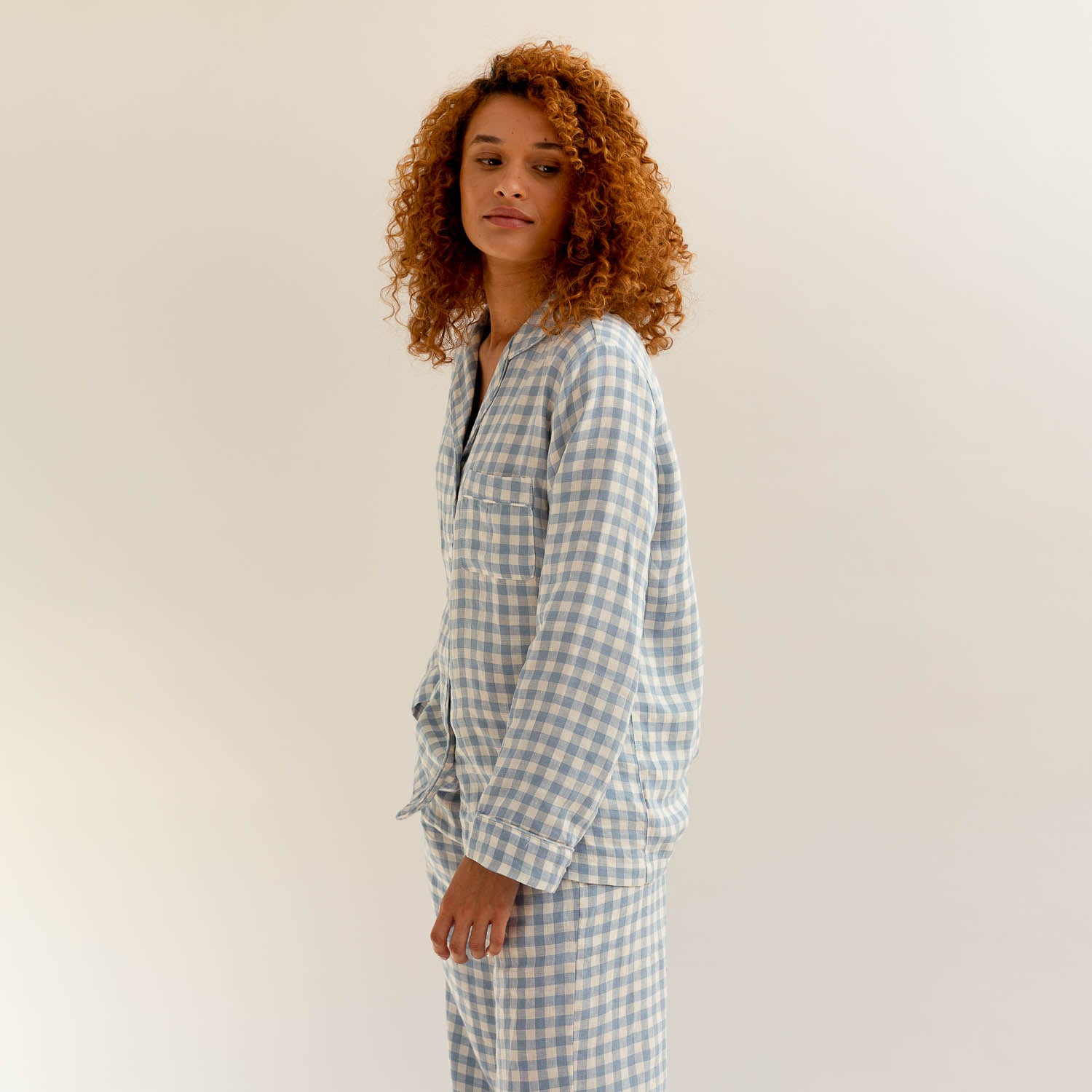 Warm Blue Gingham Linen Pyjama Trouser Set - Piglet in Bed