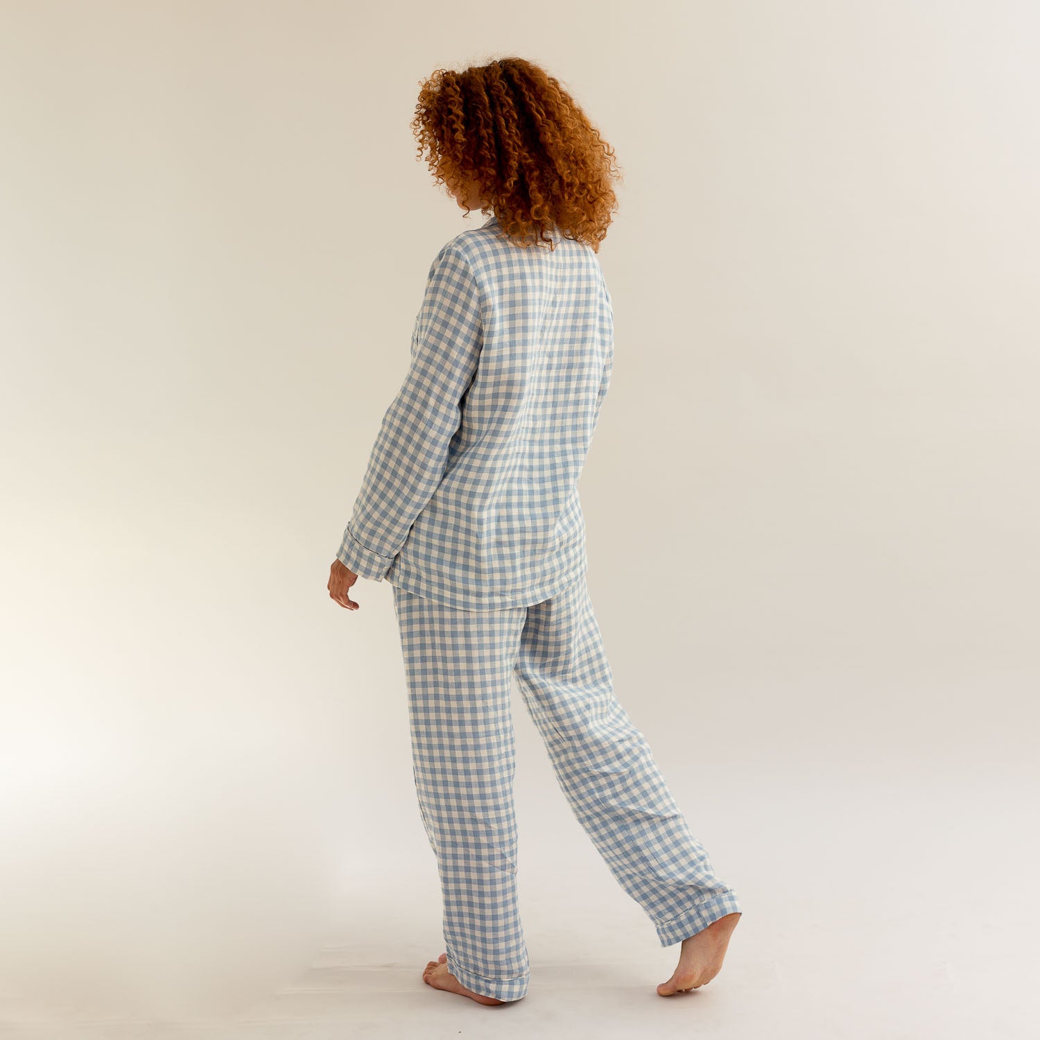 Warm Blue Gingham Linen Pyjama Trouser Set - Piglet in Bed