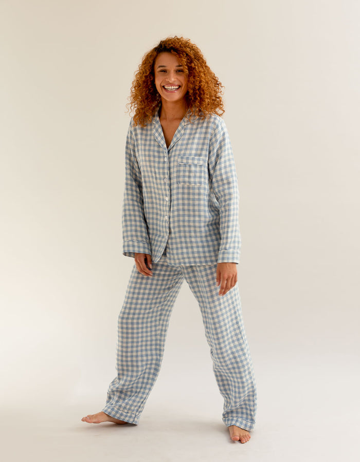 Warm Blue Gingham Linen Pyjama Trouser Set - Piglet in Bed