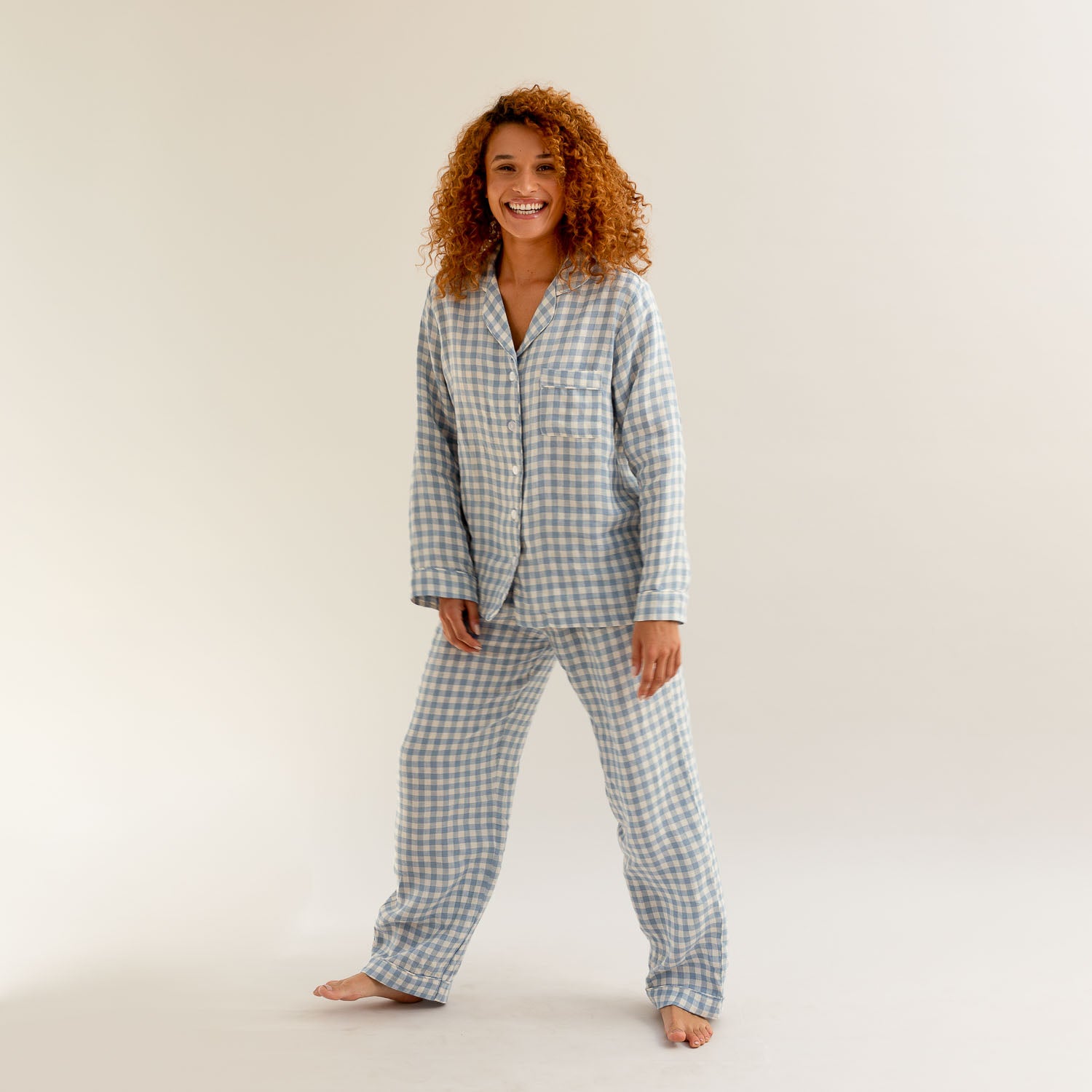 Warm Blue Gingham Linen Pyjama Trouser Set - Piglet in Bed