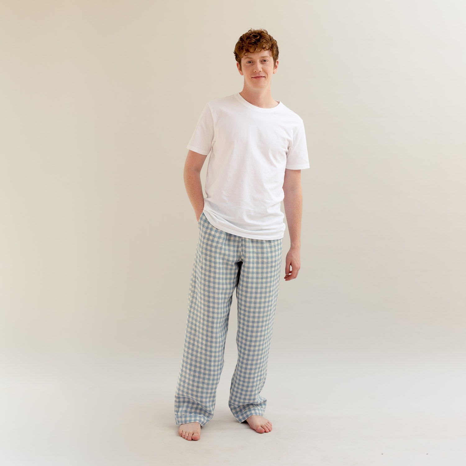 Men's Warm Blue Gingham Linen Pyjama Trousers - Piglet in Bed