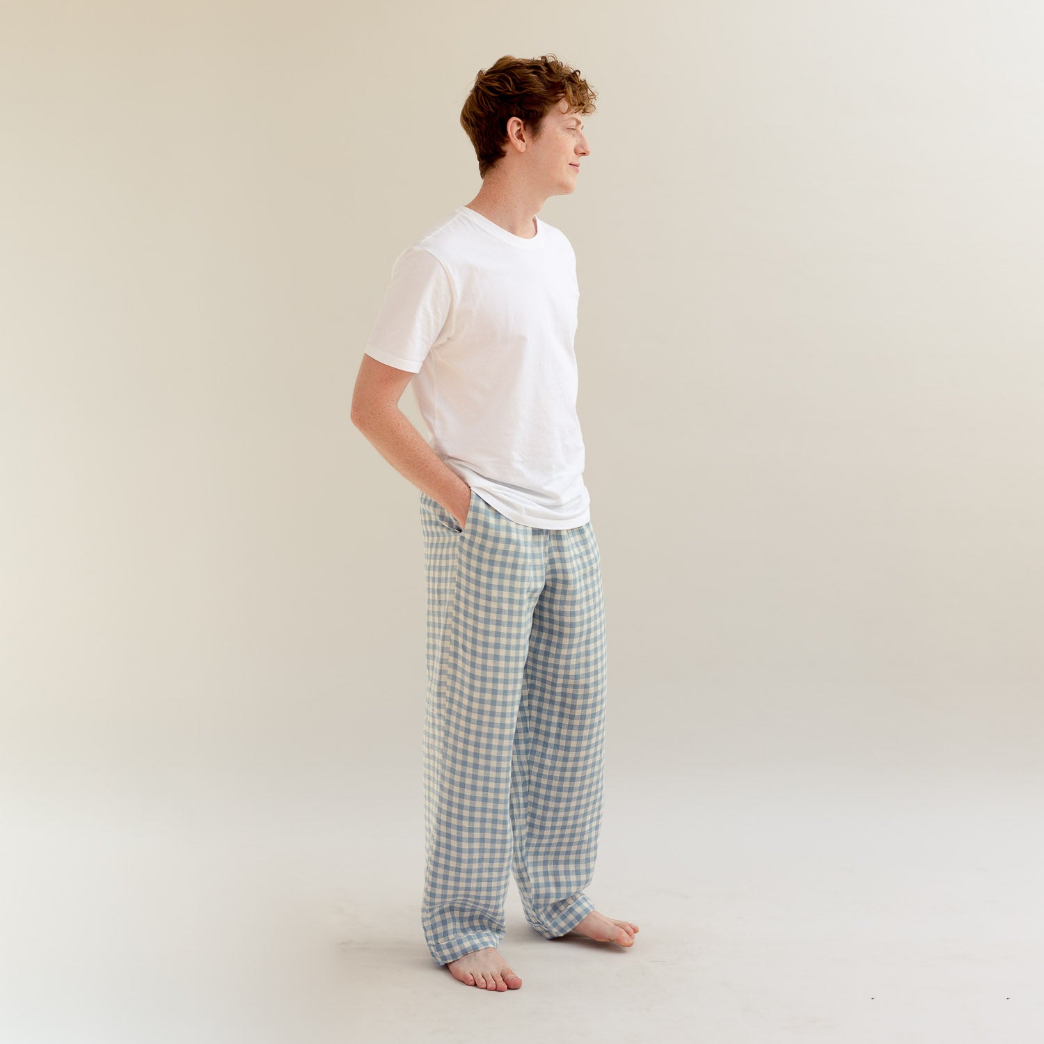 Men's Warm Blue Gingham Linen Pyjama Trousers - Piglet in Bed
