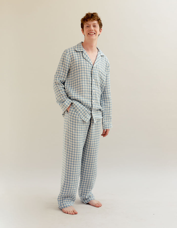 Men's Warm Blue Gingham Linen Pyjama Trouser Set - Piglet in Bed