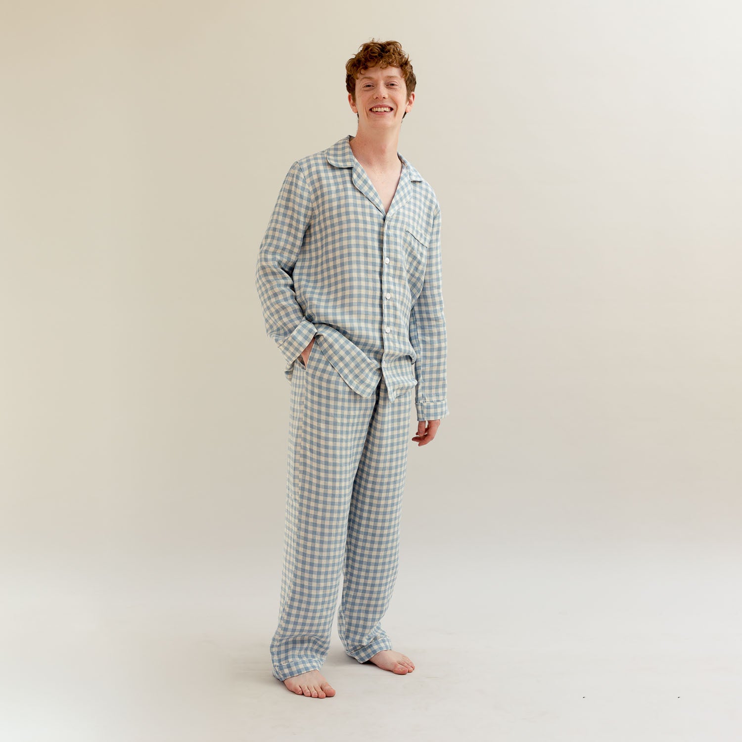 Men's Warm Blue Gingham Linen Pyjama Trouser Set - Piglet in Bed