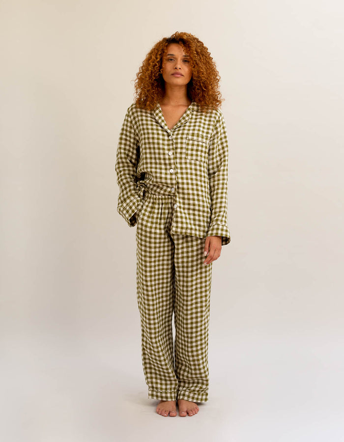 Botanical Green Gingham Linen Pyjama Trouser Set - Piglet in Bed