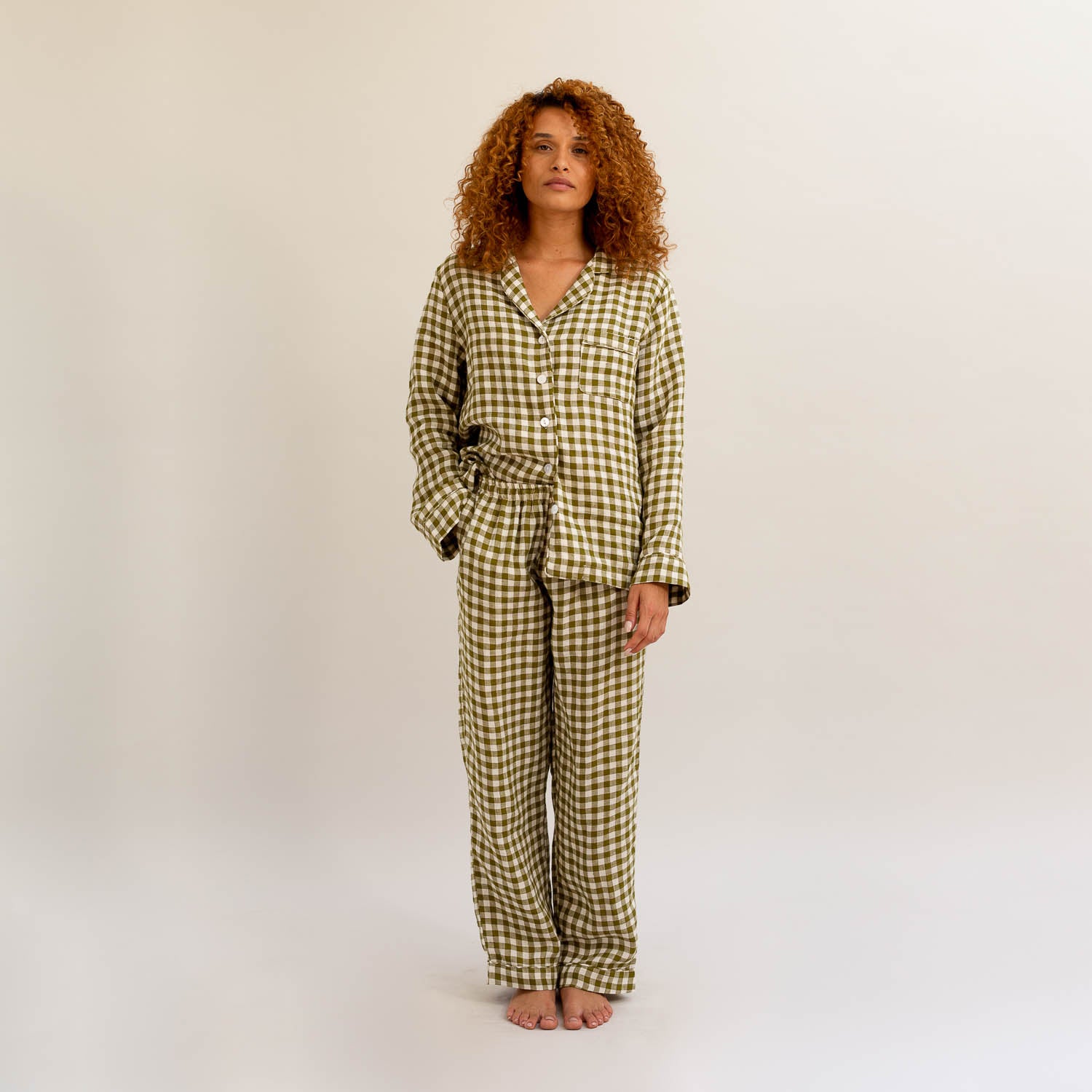 Botanical Green Gingham Linen Pyjama Trouser Set - Piglet in Bed