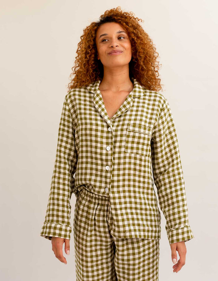 Botanical Green Gingham Linen Pyjama Shirt - Piglet in Bed