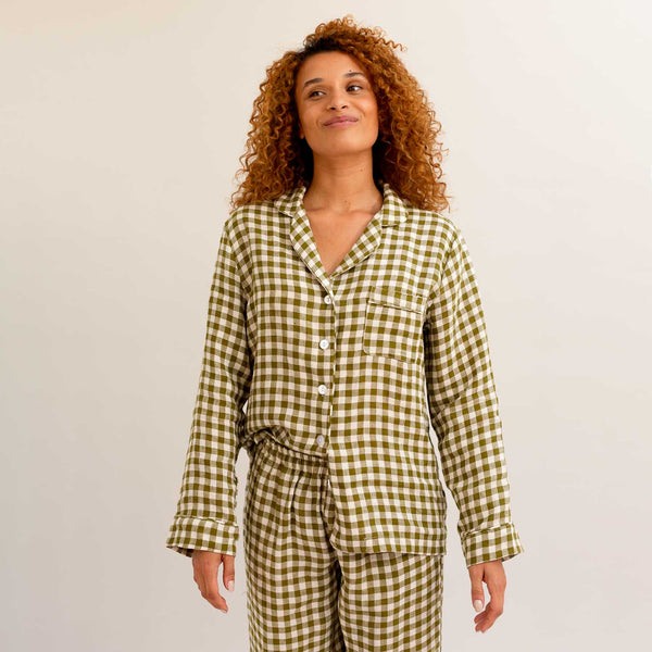 Botanical Green Gingham Linen Pyjama Shirt - Piglet in Bed