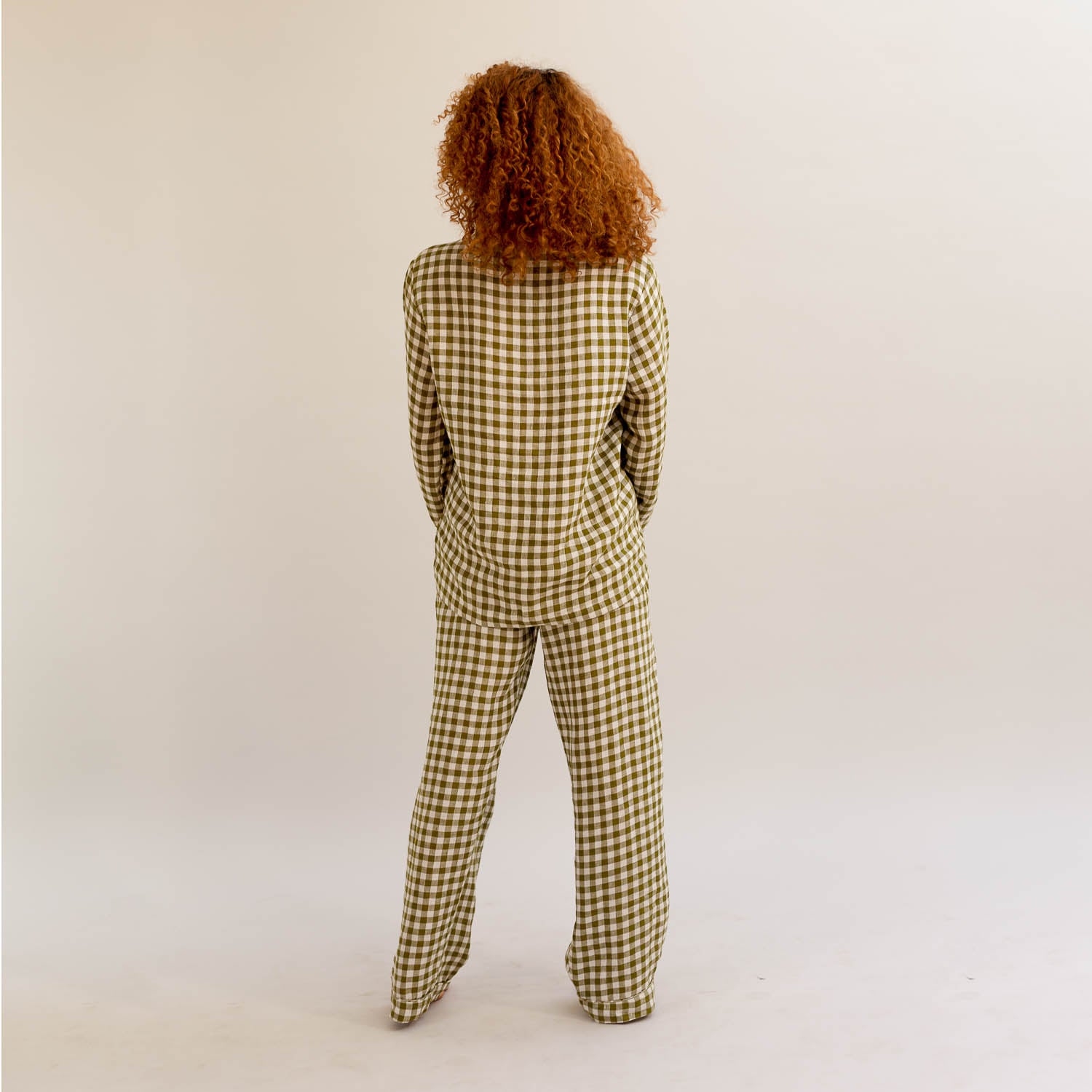 Botanical Green Gingham Linen Pyjama Trouser Set - Piglet in Bed