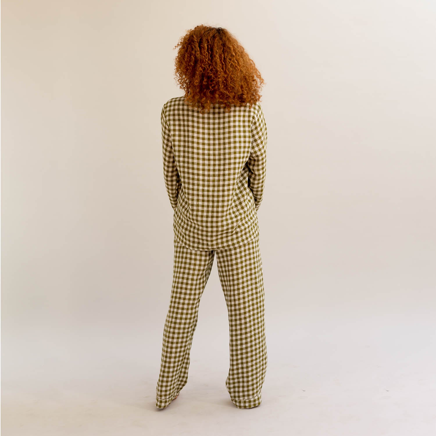 Botanical Green Gingham Linen Pyjama Trousers - Piglet in Bed