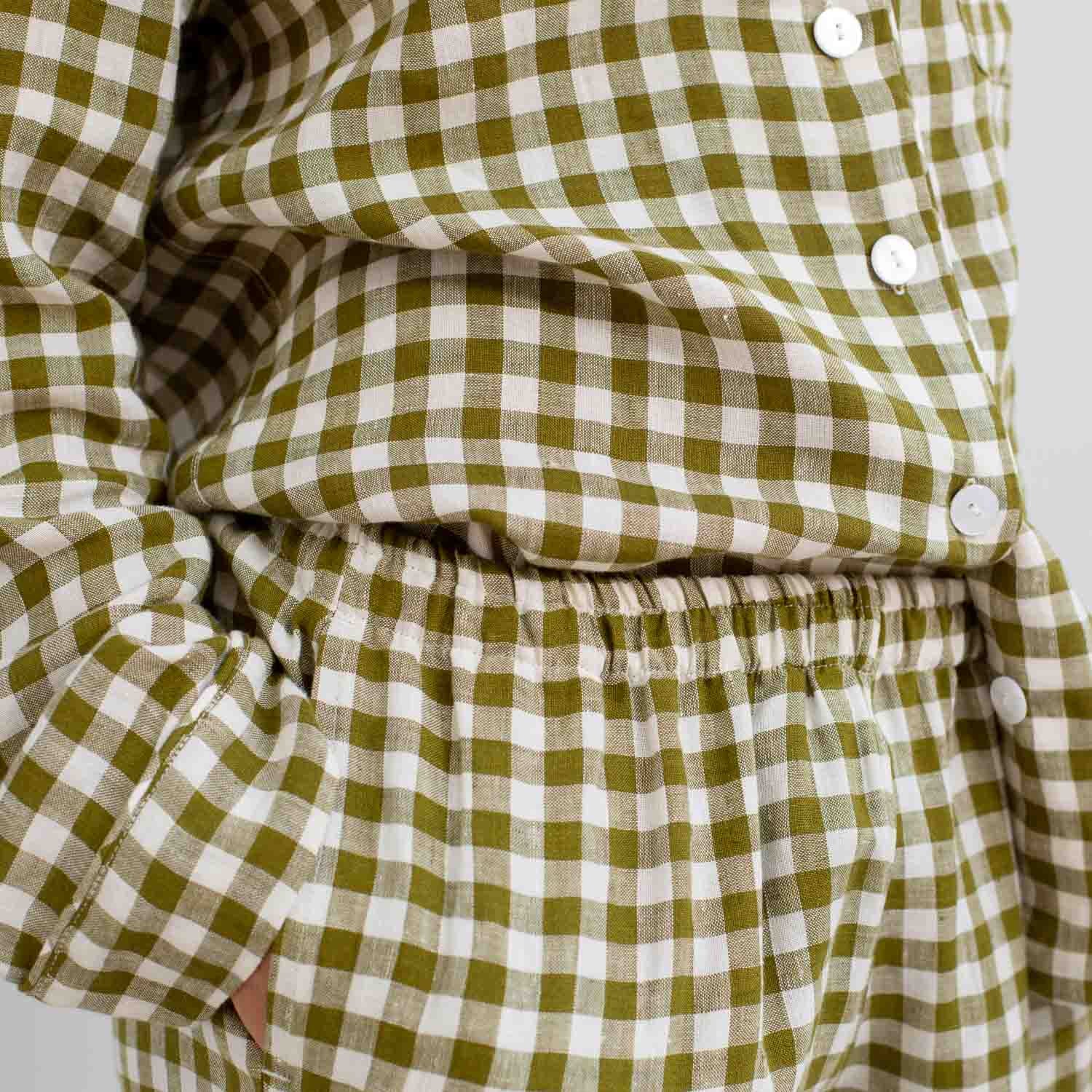 Botanical Green Gingham Linen Pyjama Trouser Set - Piglet in Bed