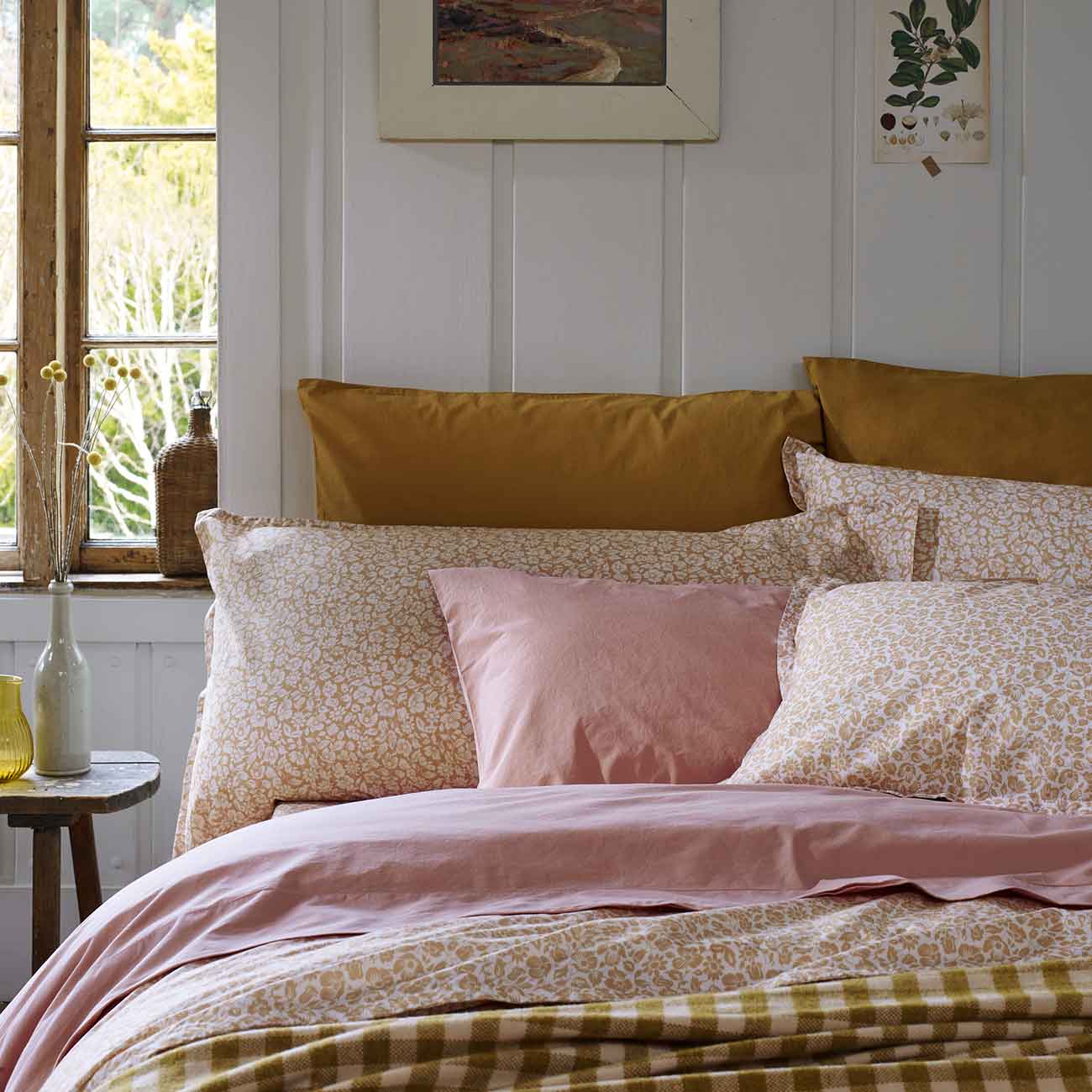 Butterscotch Meadow Floral Printed, French rose and Butterscotch Cotton Bedding with Ochre Gingham Wool Blanket