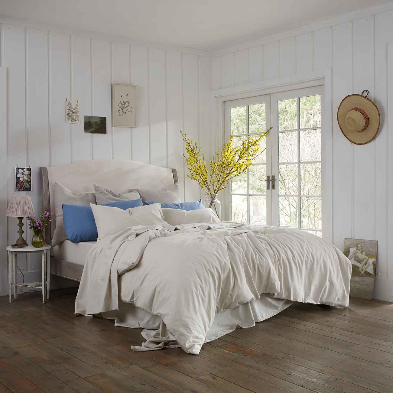 Parchment and Cove Blue Washed Cotton Percale Bedding