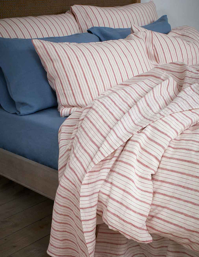 Mineral Red Ticking Stripe and Dusk Blue Linen Bedding
