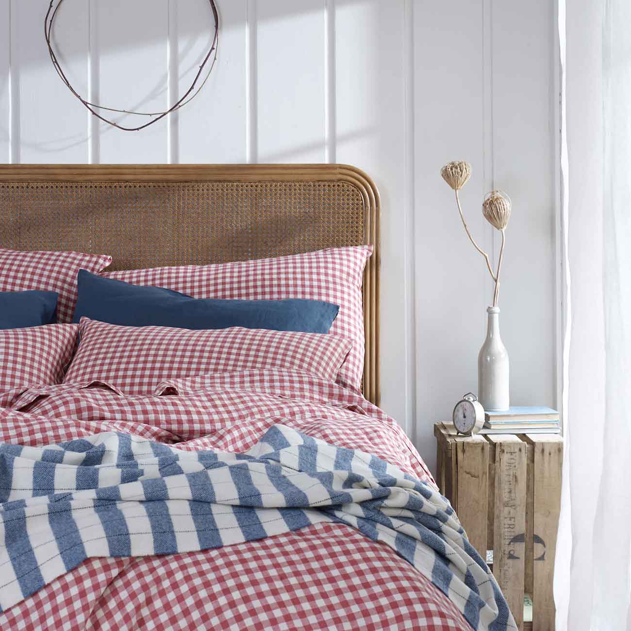 Mineral Red Gingham and Deep Teal Linen Bedding with a  Warm Blue Checked Stripe Wool Blanket