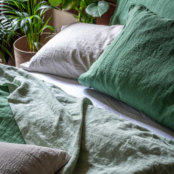 Forest Green, Sage Green, Oatmeal and White Linen Bedding