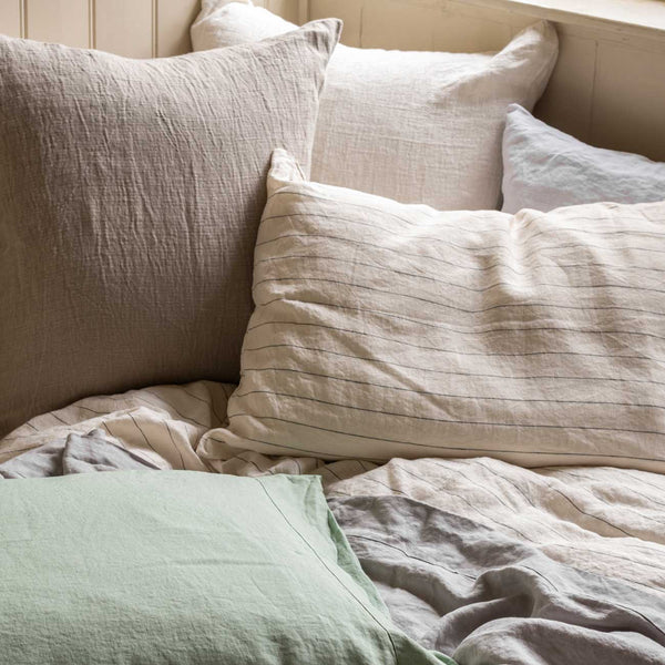 Sage Green, Luna Stripe and Dove Grey Linen Bedding