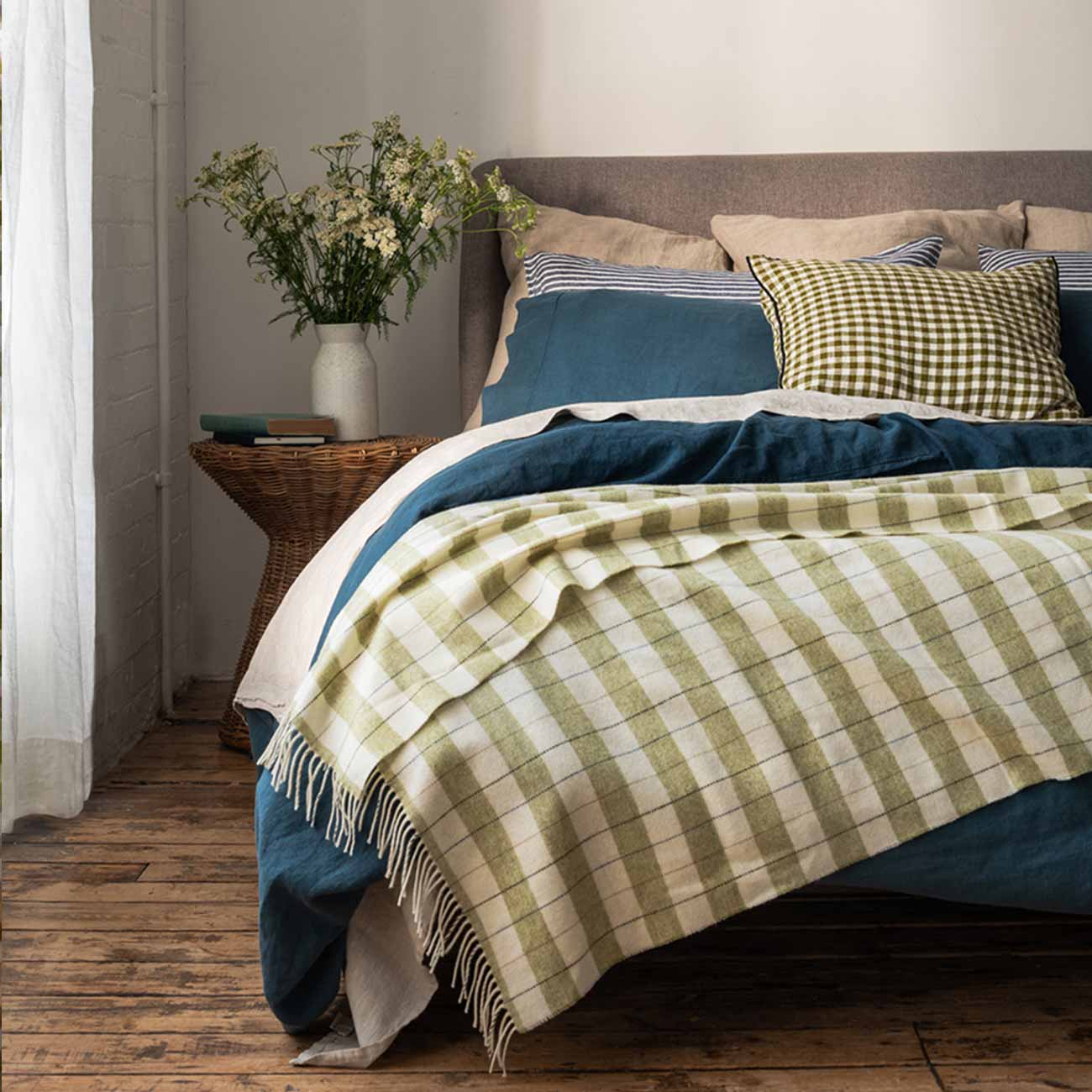 Apple Checked Stripe Wool Blanket, Deep Teal Duvet Cover and Pillowcases, Oatmeal Flat Sheet, Midnight Stripe Pillowcases