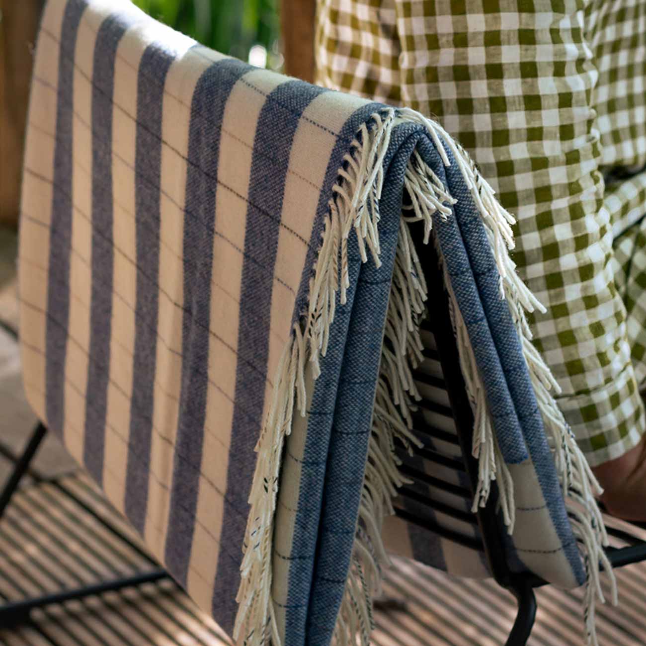 Warm Blue Checked Stripe Wool Blanket - Piglet in Bed