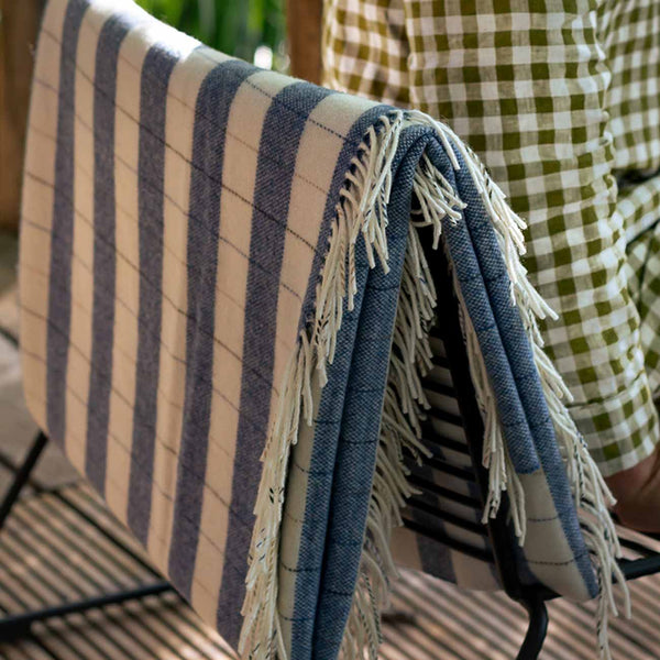 Warm Blue Checked Stripe Wool Blanket - Piglet in Bed