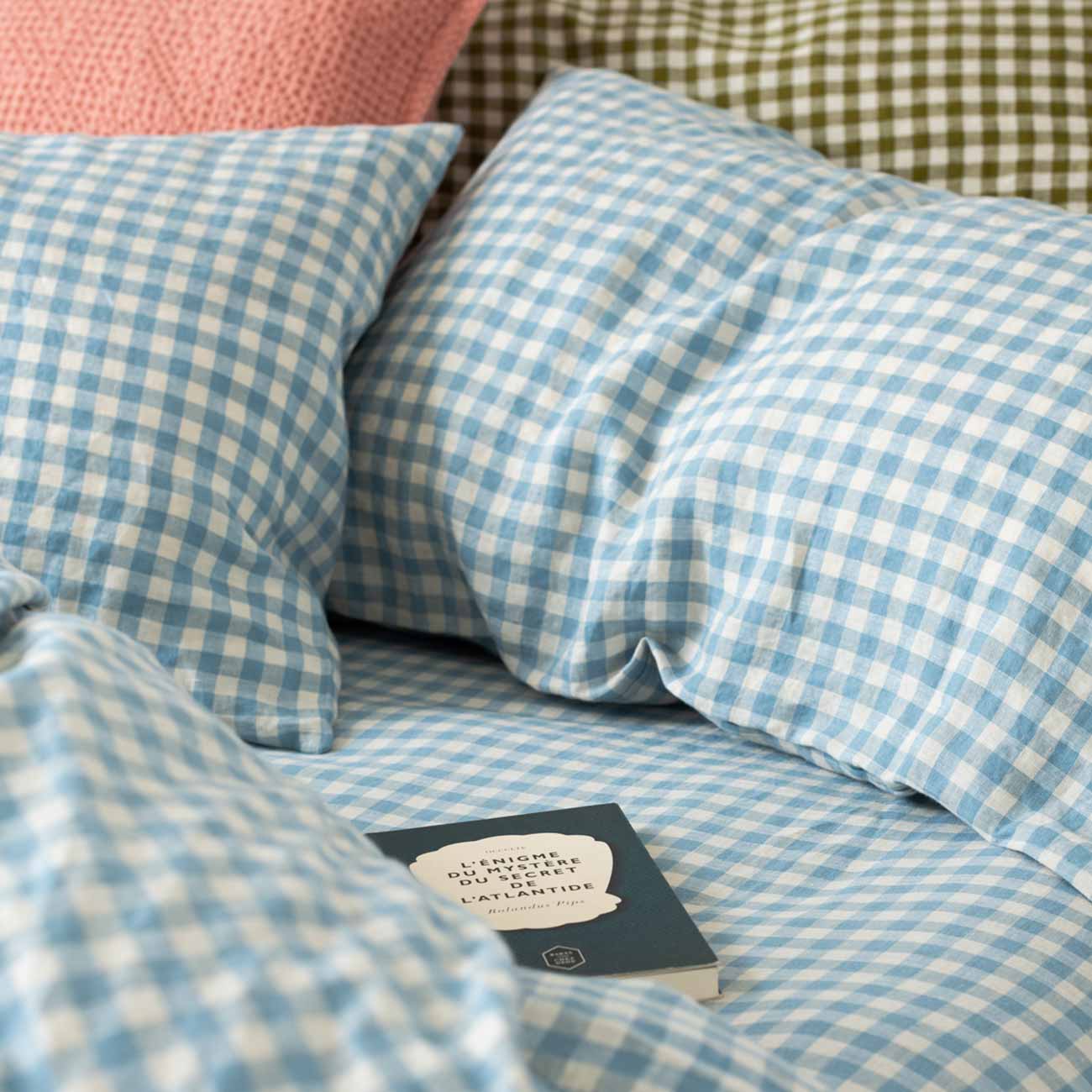 Warm Blue Gingham Linen Pillowcase (Pair)