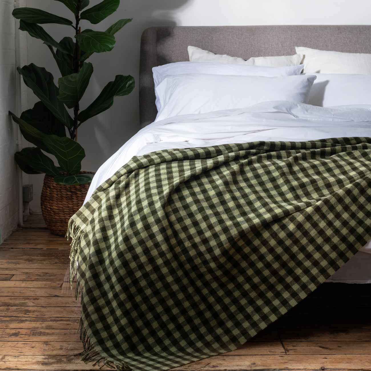 Botanical Green Gingham Wool Blanket - Piglet in Bed