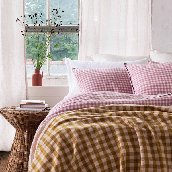 Ochre Gingham Wool Blanket Piglet in Bed UK