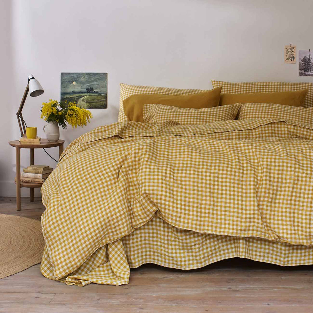 Honey Gingham Linen Duvet Cover Piglet in Bed UK