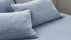 Dusk Blue Linen Fitted Sheet, Dusk Blue and Warm Blue Gingham Pillowcases