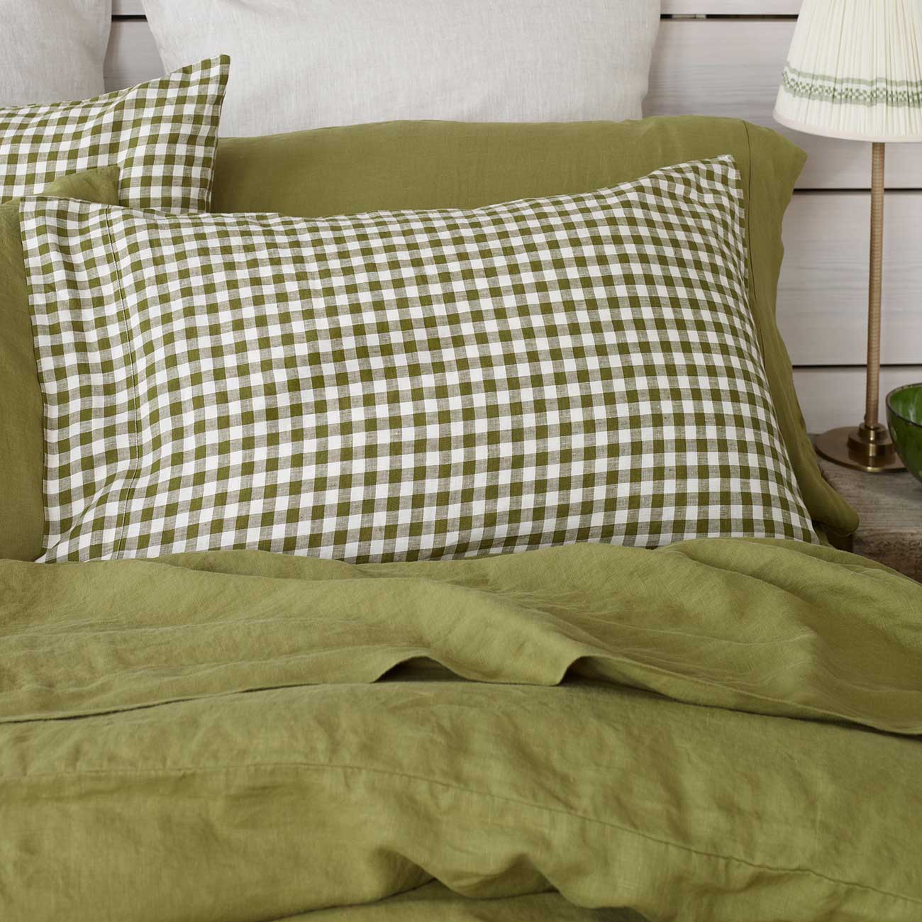 Botanical Green Plain and Gingham Linen Pillowcases