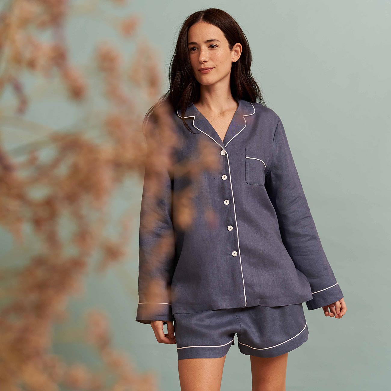 Blueberry Linen Pyjama Shorts | Piglet in Bed UK