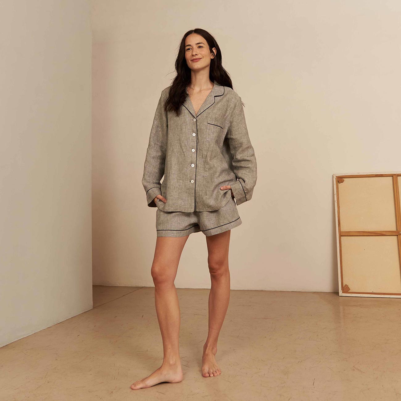 Grey Linen Pyjama Shorts Set