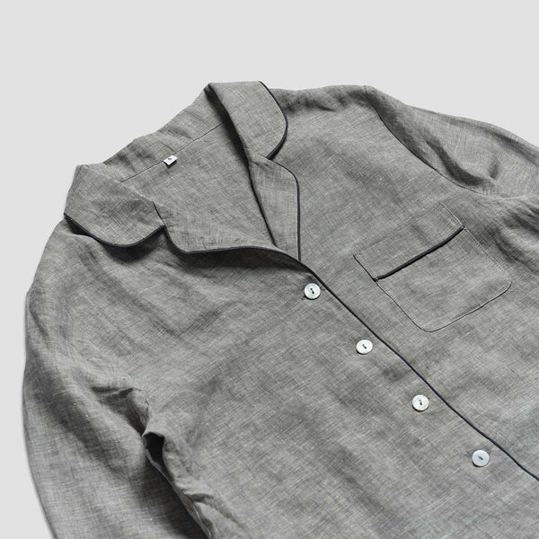 Grey Linen Pyjama Shirt Collar Detail