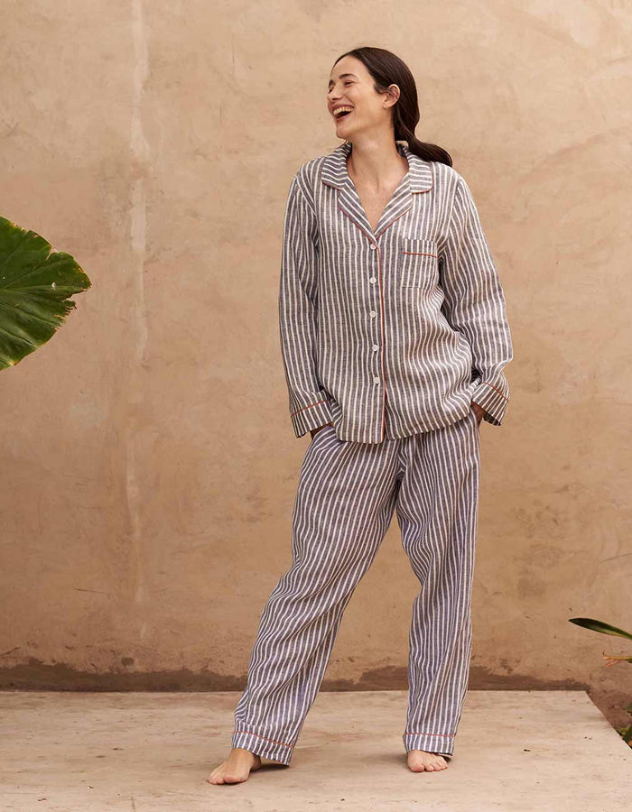 Women's Midnight Stripe Linen Pyjama Trouser Set