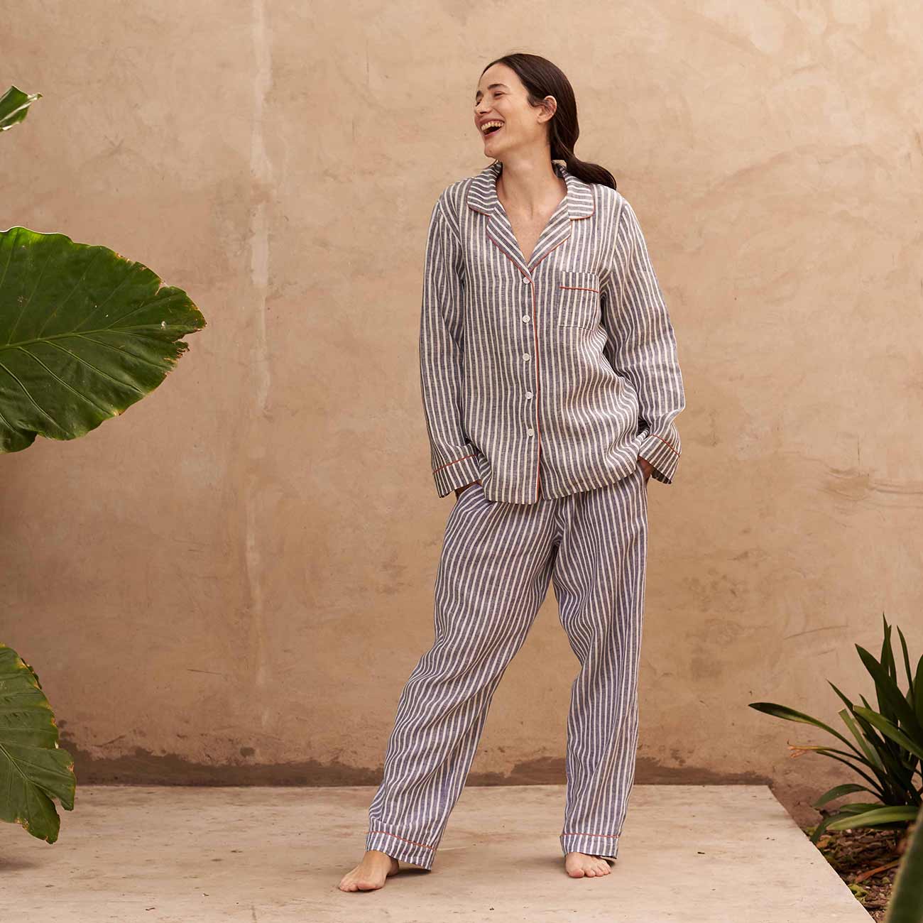 Women's Midnight Stripe Linen Pyjama Trouser Set