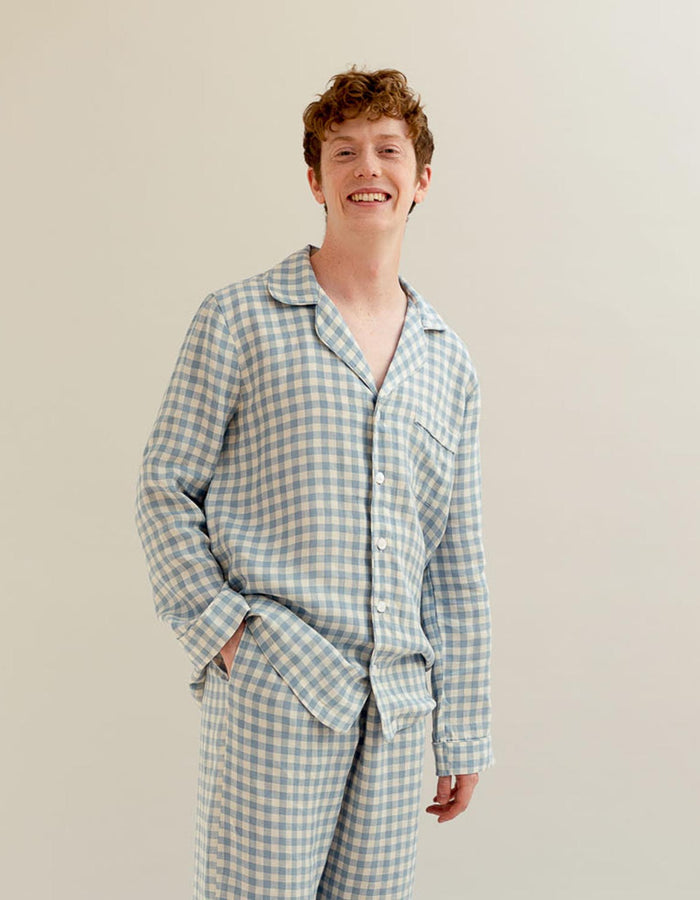 Men's Warm Blue Gingham Linen Pyjama Shirt - Piglet in Bed