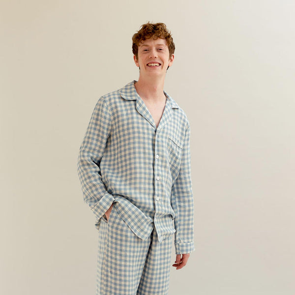 Men's Warm Blue Gingham Linen Pyjama Shirt - Piglet in Bed