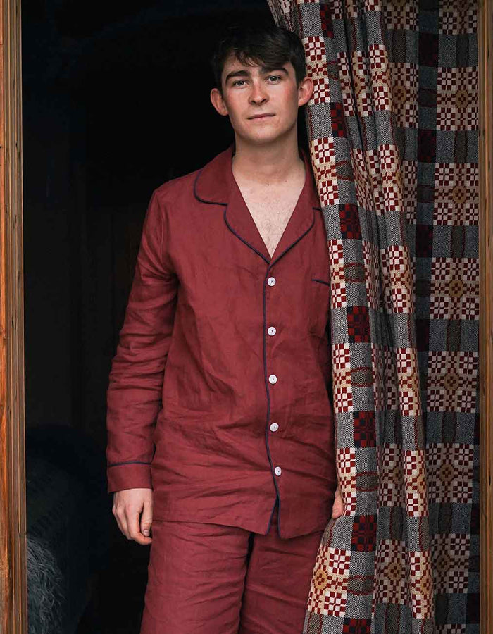 Men's Cherry Plain Linen Pyjama Trouser Set