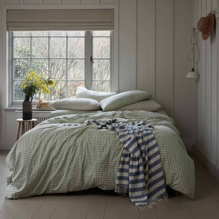 Pear Small Gingham Cotton Bedding with Warm Blue Check Stripe Wool Blanket