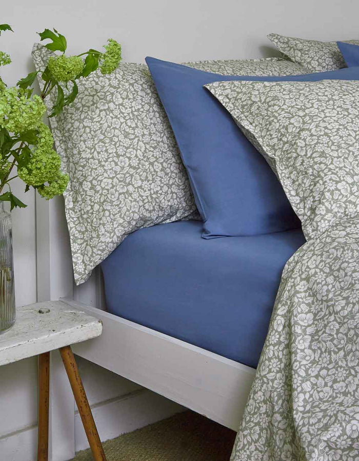 Pear Meadow Floral Printed Cotton and Cove Blue  Cotton Bedding
