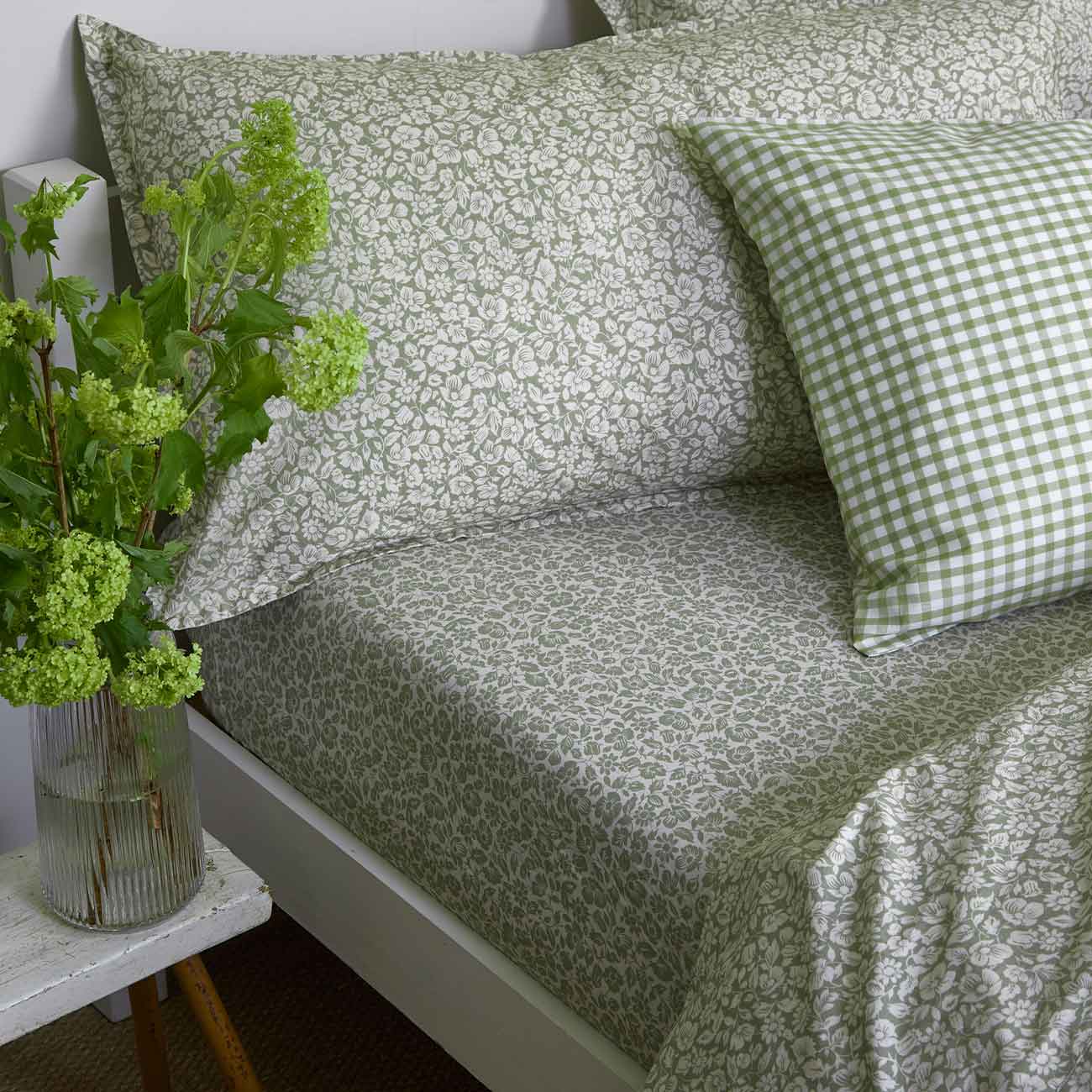 Pear Meadow Floral Washed Cotton and Pear Gingham Cotton Bedding