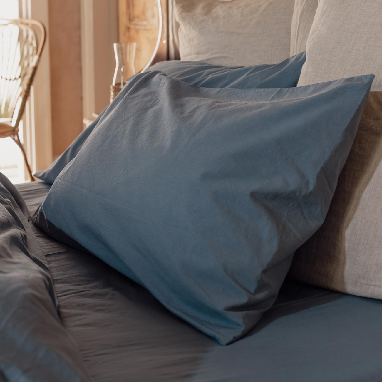 Cove Blue Washed Percale Cotton Pillowcases