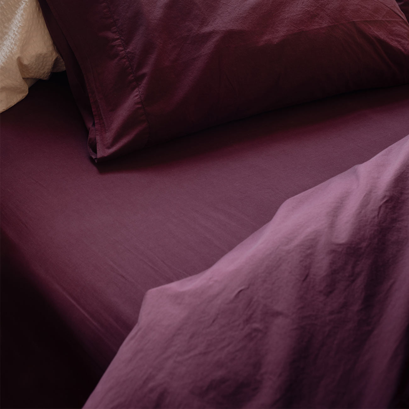 Mulberry Washed Percale Cotton Fitted and Flats Sheets, and Pillowcase