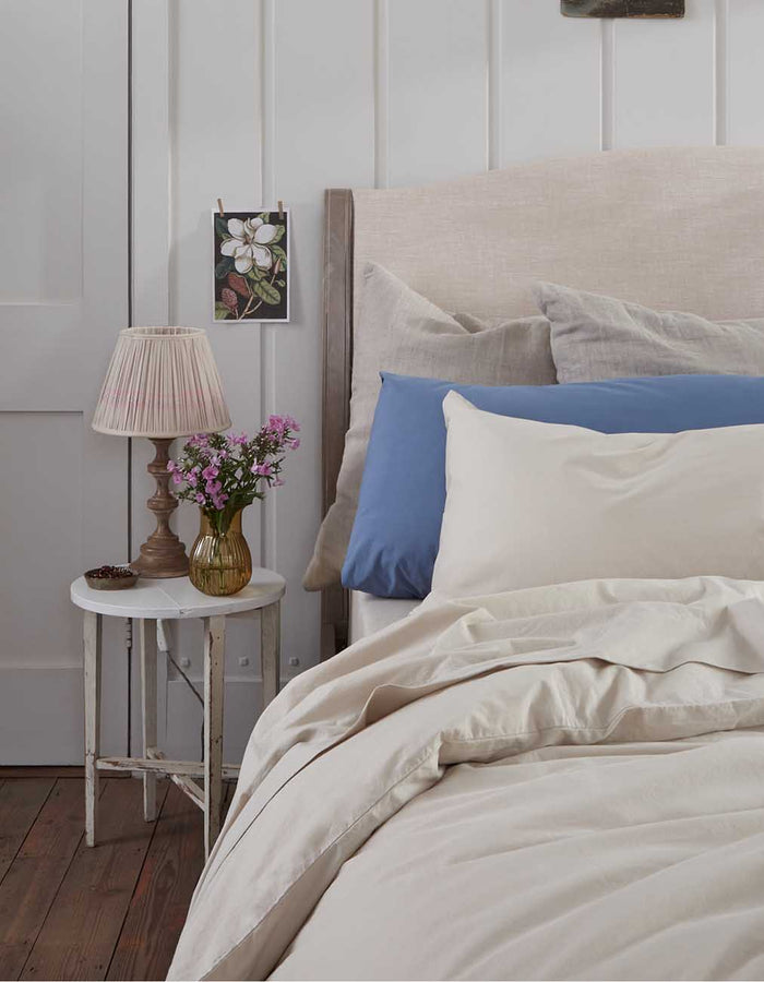 Parchment and Cove Blue Washed Cotton Percale Bedding