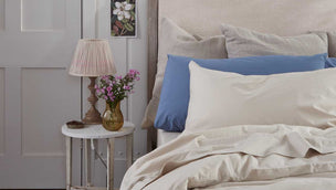 Parchment and Cove Blue Washed Cotton Percale Bedding